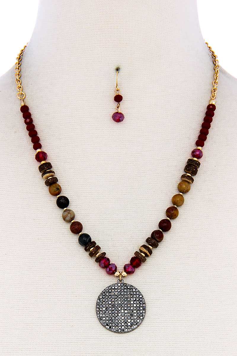 Beaded And Circle Pendant Necklace And Earring Set