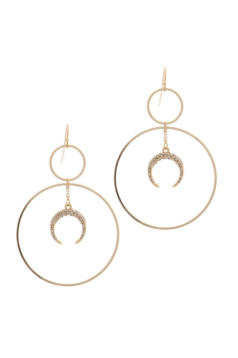 Double Circle Crescent Moon Charm Dangle Drop Earring