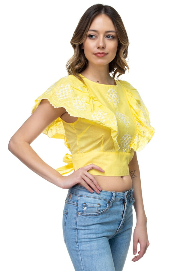 Embroidered Ruffle Sleeve Top