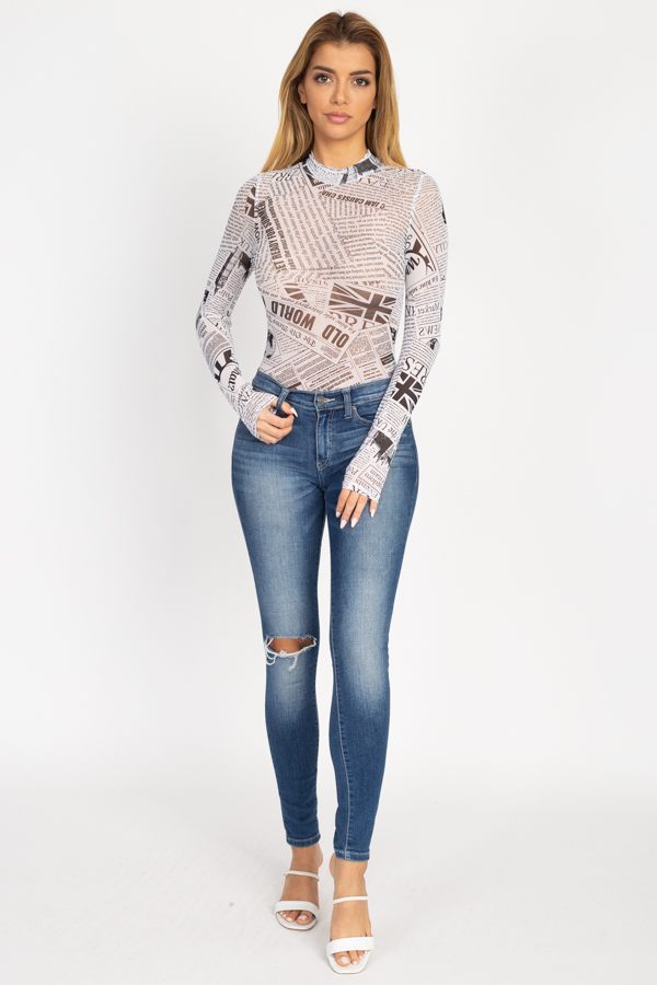 Newspaper Graphic Mesh Bodysuit