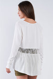 Off-white Loose Fit Long Sleeve V-neck Mesh Detail Tunic Pullover Top