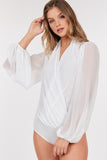 Puff Sleeve Surplice Sheer Chiffon Bodysuit