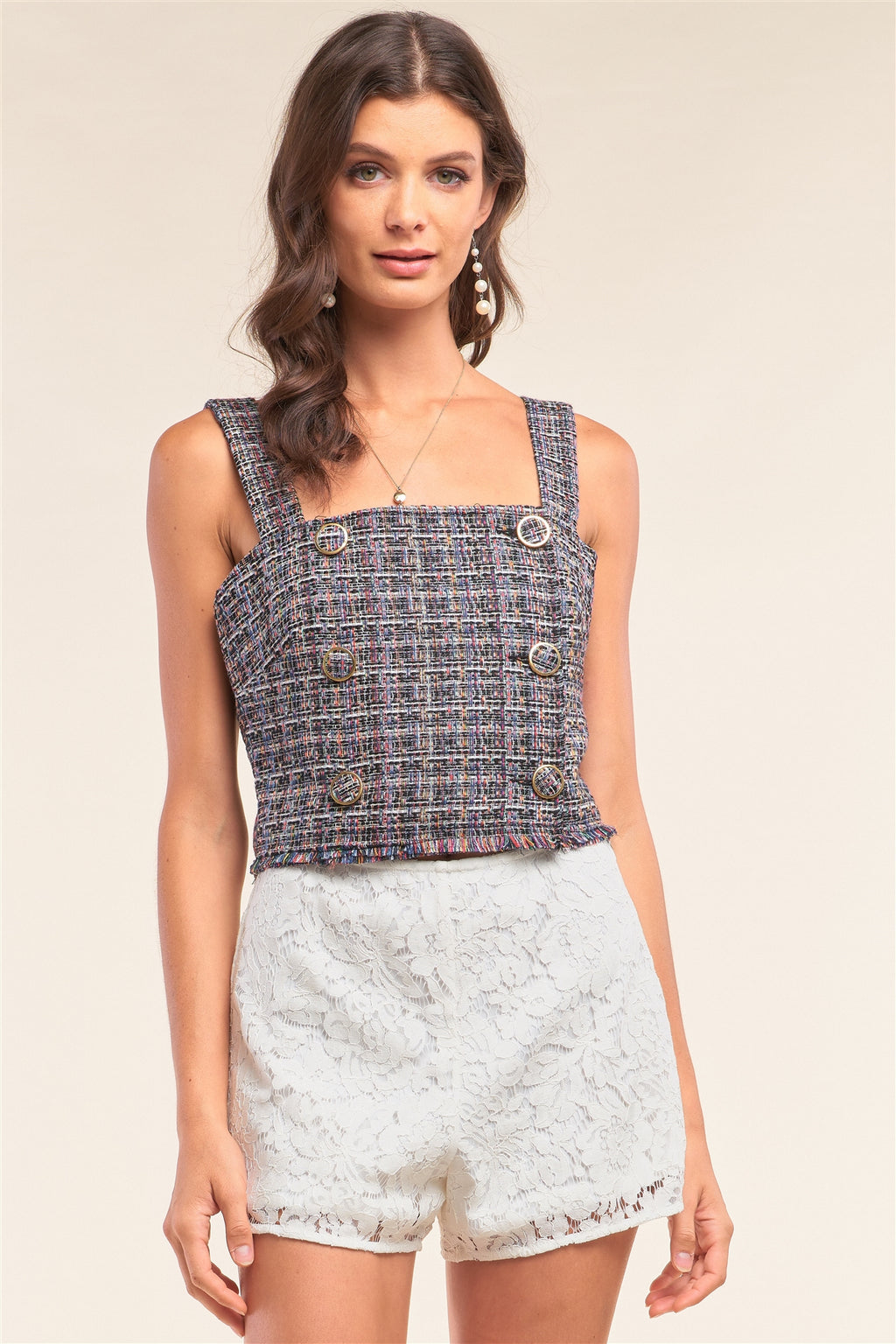 Multicolor Sleeveless Plaid Square Neck Buttoned Trim Cropped Top