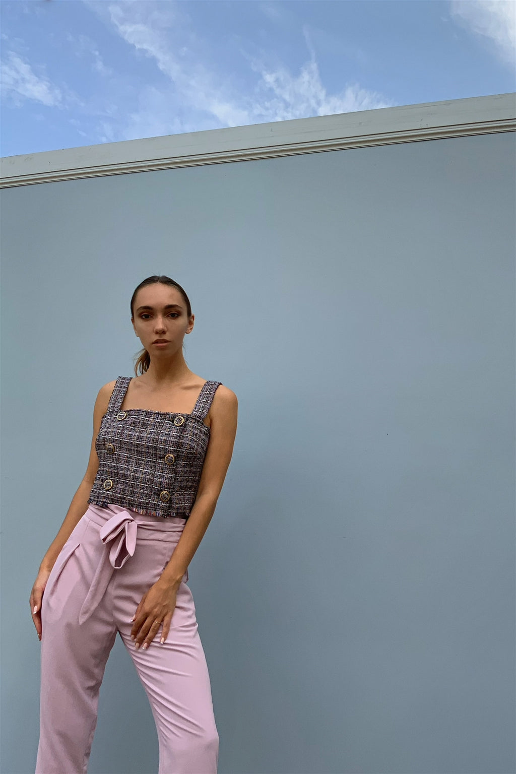 Multicolor Sleeveless Plaid Square Neck Buttoned Trim Cropped Top