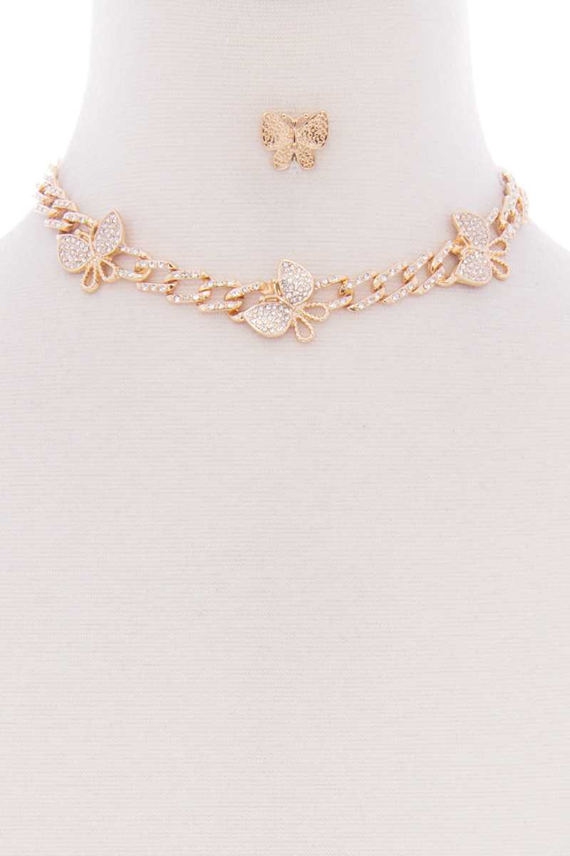 Butterfly Metal Stone Stud Link Chain Necklace Earring Set