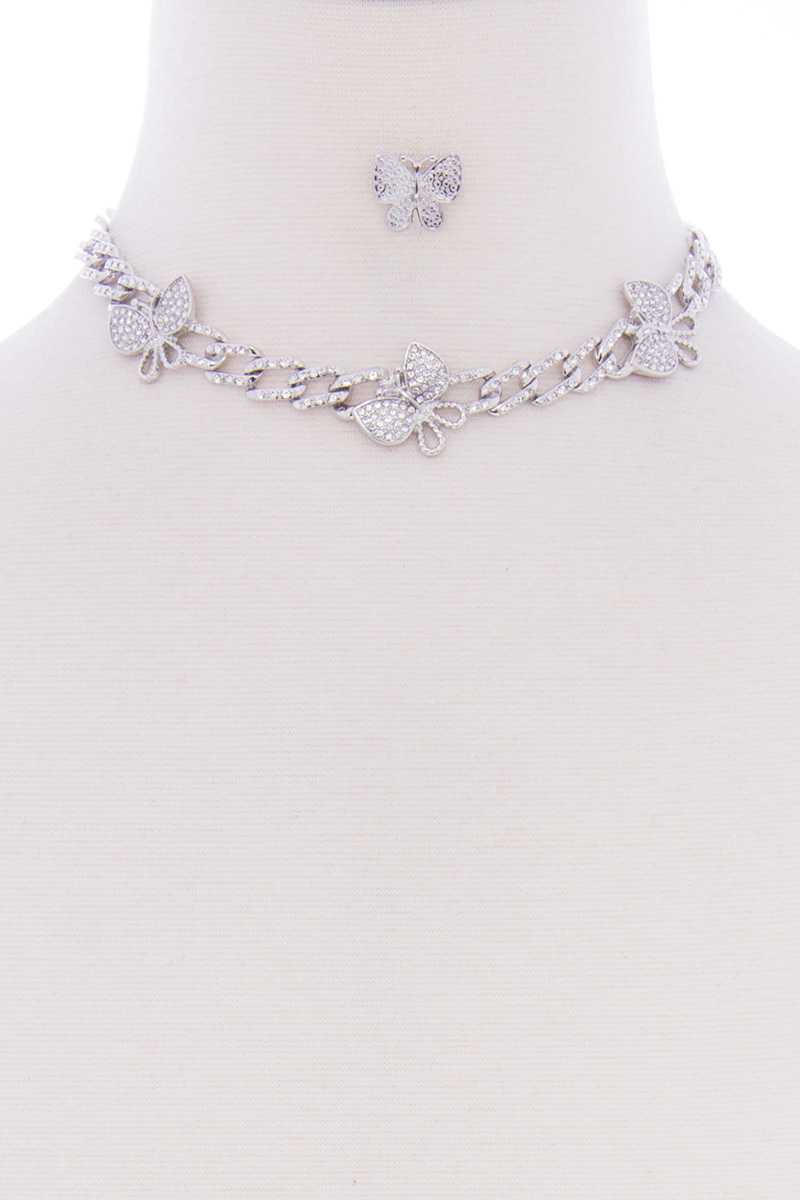Butterfly Metal Stone Stud Link Chain Necklace Earring Set