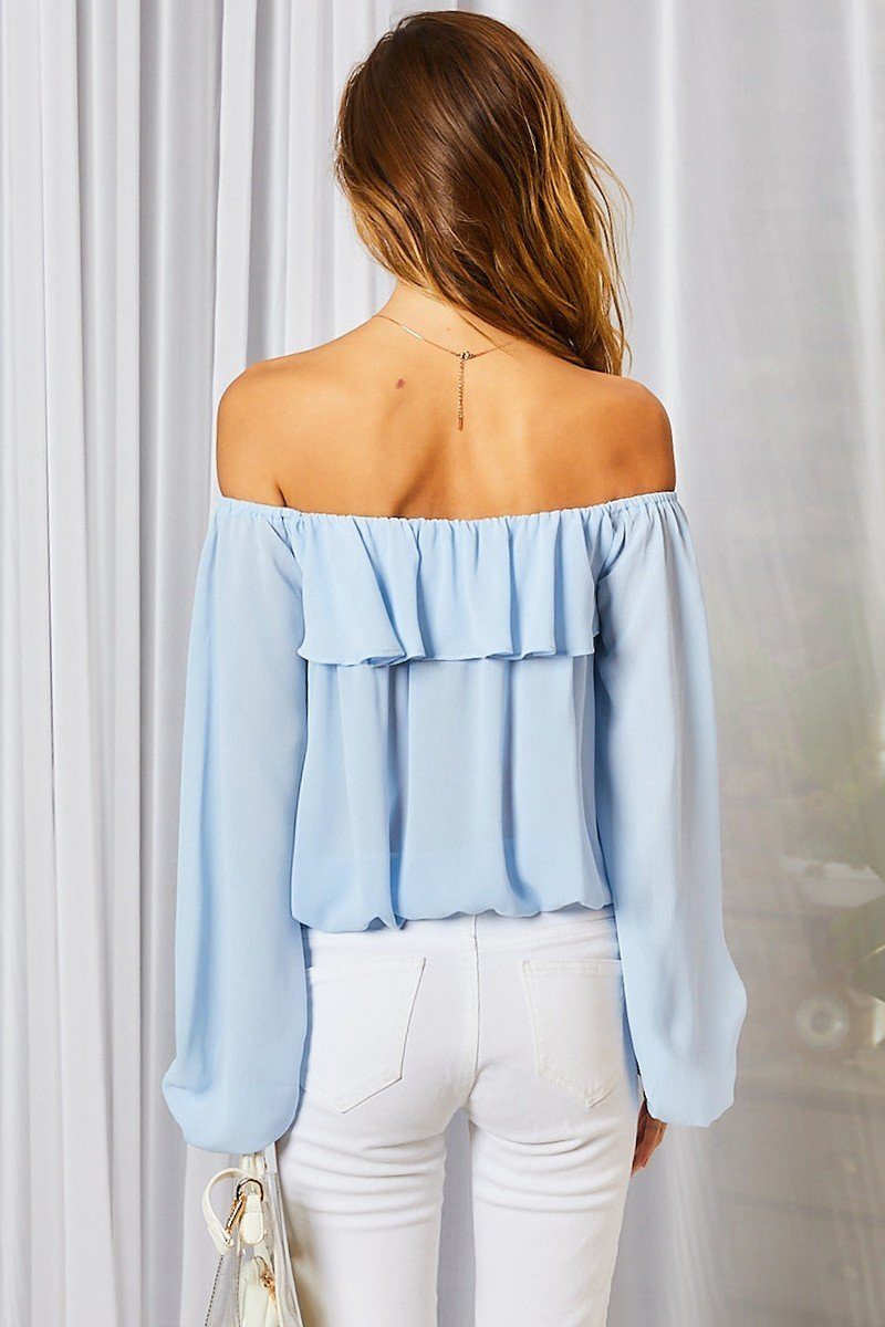 Off Shoulder Ruffle Bubble Sleeve Top
