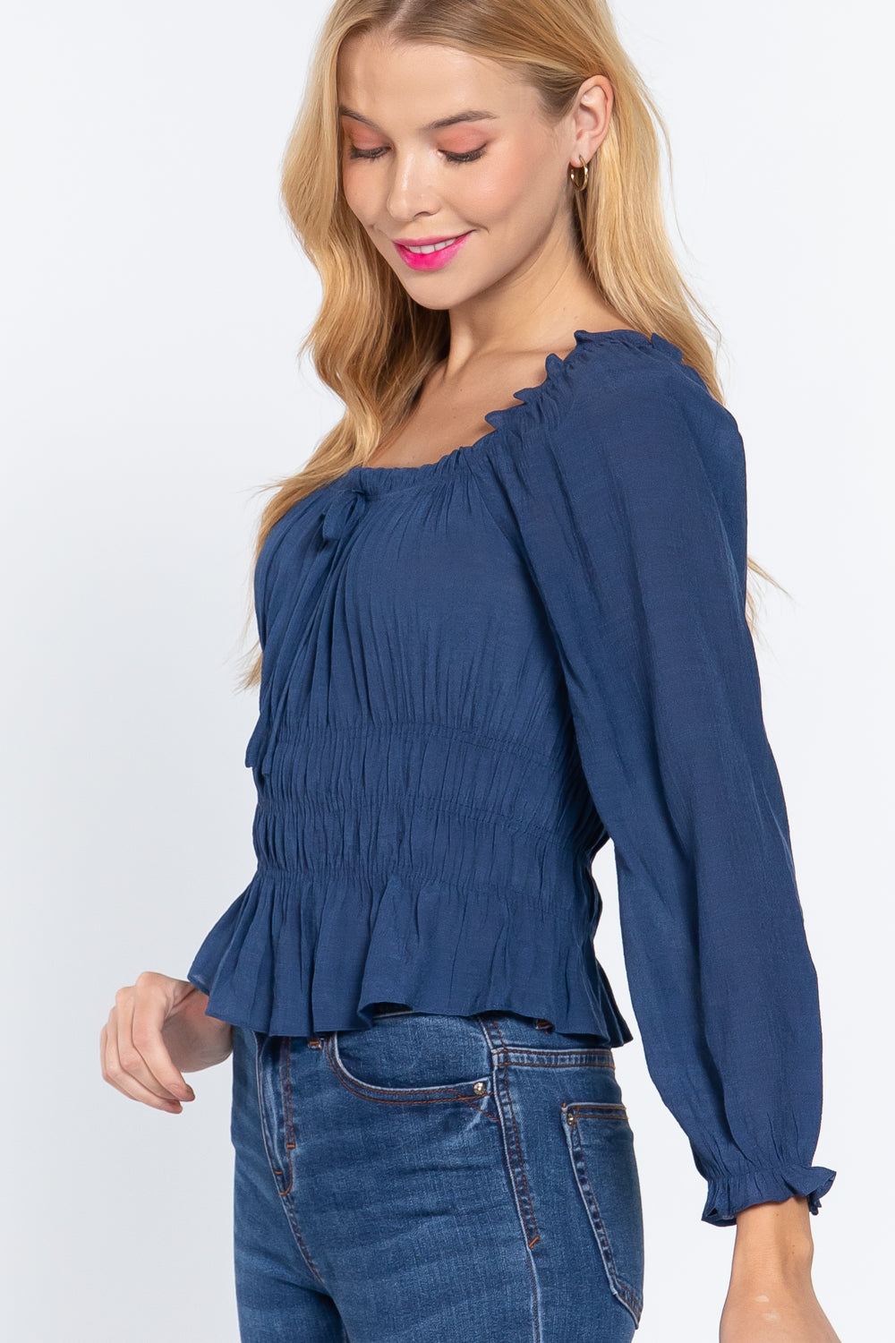 Long Slv Smocking Woven Top