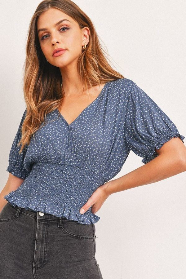 Floral Print Puff Sleeves Top