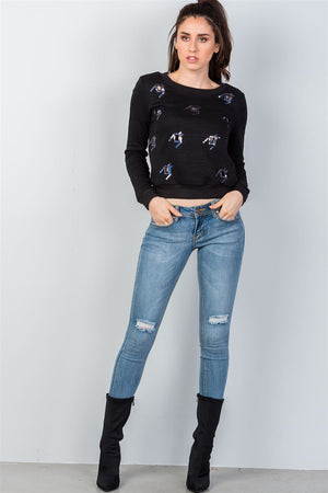 Ladies fashion black hole & sequins knit pullover sweater