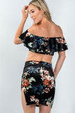 Ladies fashion black strapless ruffle crop top and mini skirt with thigh split