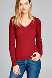 Ladies fashion long sleeve v-neck fitted rib sweater top