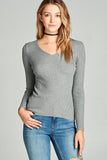 Ladies fashion long sleeve v-neck fitted rib sweater top