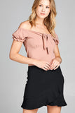 Ladies fashion short sleeve off the shoulder front heart neckline w/self tie top