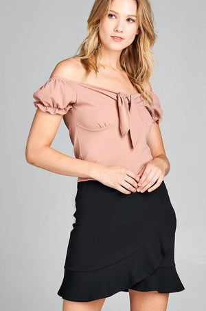 Ladies fashion short sleeve off the shoulder front heart neckline w/self tie top