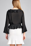 Ladies fashion 3/4 bell sleeve wrap w/ruffle side tie closure flare bottom wool dobby woven top