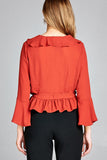 Ladies fashion 3/4 bell sleeve wrap w/ruffle side tie closure flare bottom wool dobby woven top