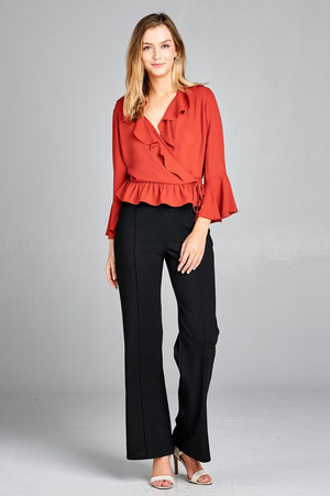 Ladies fashion 3/4 bell sleeve wrap w/ruffle side tie closure flare bottom wool dobby woven top