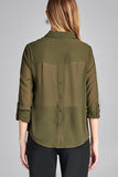 Ladies fashion long sleeve front pocket chiffon blouse w/ back button detail