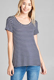 Ladies fashion short sleeve scoop neck stripe rayon spandex top