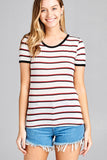 Ladies fashion short sleeve round neck yarn dye stripe rayon spandex jersey top