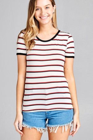 Ladies fashion short sleeve round neck yarn dye stripe rayon spandex jersey top