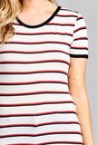 Ladies fashion short sleeve round neck yarn dye stripe rayon spandex jersey top