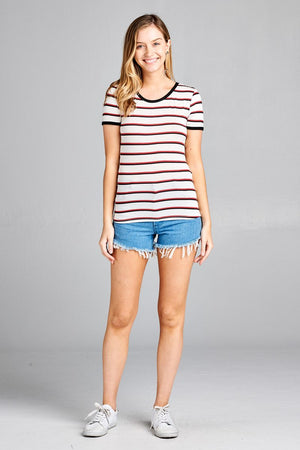 Ladies fashion short sleeve round neck yarn dye stripe rayon spandex jersey top