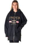 Ladies fashion fleece zip up sweatshirt oversize long hoodie outerwear jacket with applique