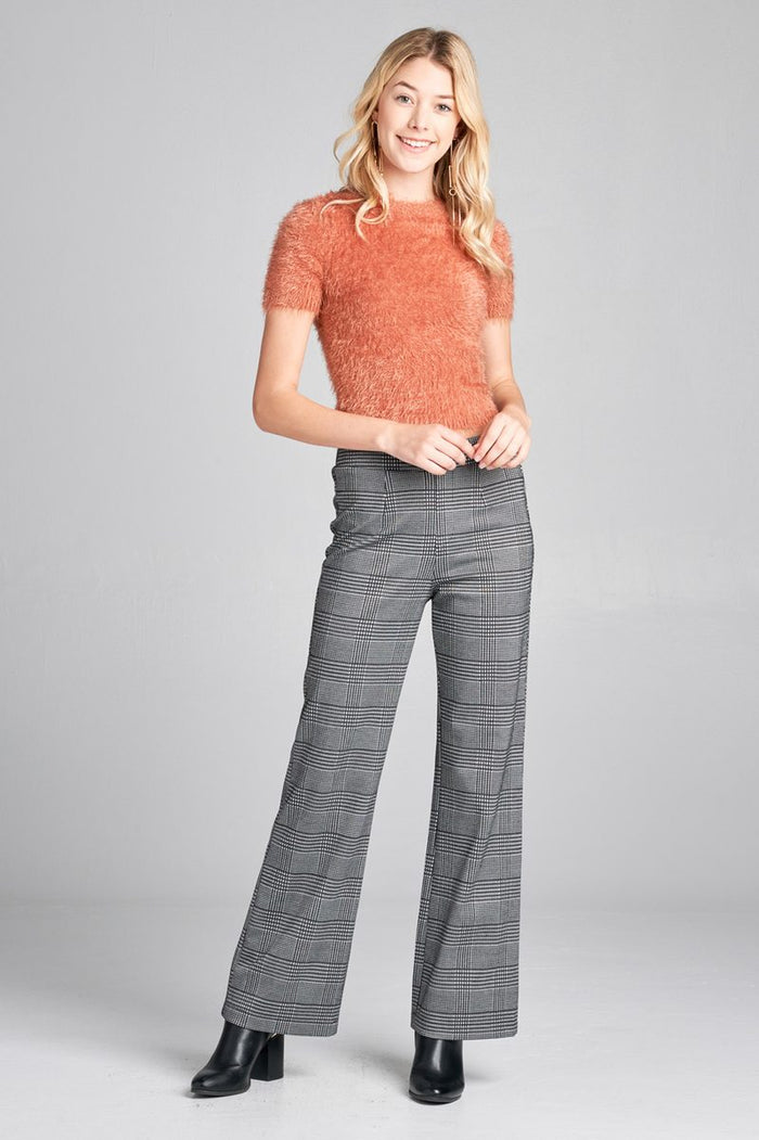 Ladies fashion waist band w/button long wide check pants