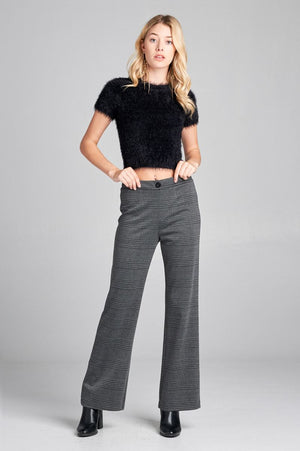 Ladies fashion waist band w/button long wide check pants