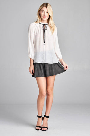 Ladies fashion plus size 3/4 sleeve contrast tie front button detail slub gauze woven top