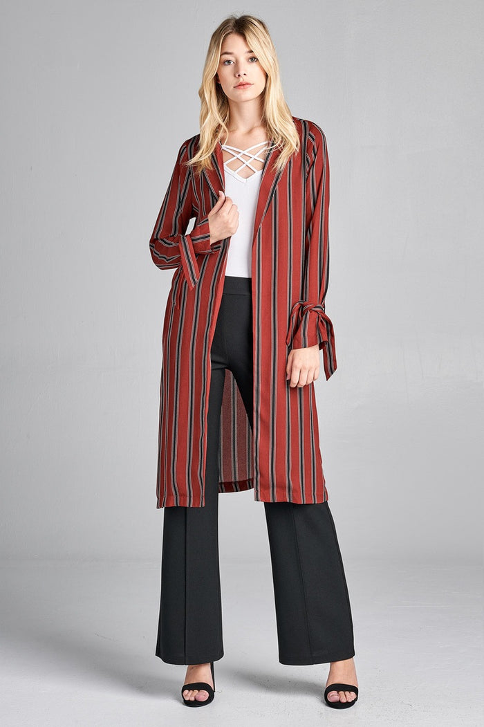 Ladies fashion long sleeve notched collar side slit multi stripe long jacket