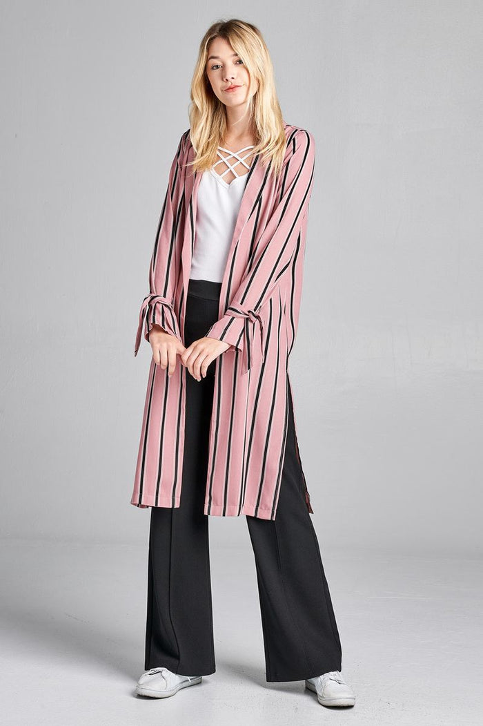 Ladies fashion long sleeve notched collar side slit multi stripe long jacket