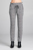 Ladies fashion plus size self ribbon detail long leg checked print woven pants