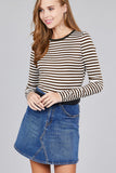 Ladies fashion long sleeve crew neck striped dty brushed top