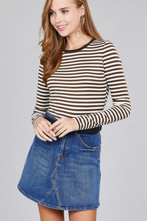 Ladies fashion long sleeve crew neck striped dty brushed top