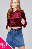 Ladies fashion plus size long sleeve hoodie w/drawstring ice velvet crop top