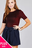 Ladies fashion plus size short sleeve crew neck metalic knit top