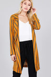 Ladies fashion long sleeve notched collar w/waist belt multi striped long woven jacket