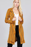 Ladies fashion long sleeve notched collar w/waist belt multi striped long woven jacket