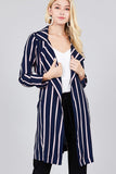 Ladies fashion long sleeve notched collar w/waist belt multi striped long woven jacket