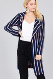 Ladies fashion long sleeve notched collar w/waist belt multi striped long woven jacket