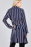 Ladies fashion long sleeve notched collar w/waist belt multi striped long woven jacket