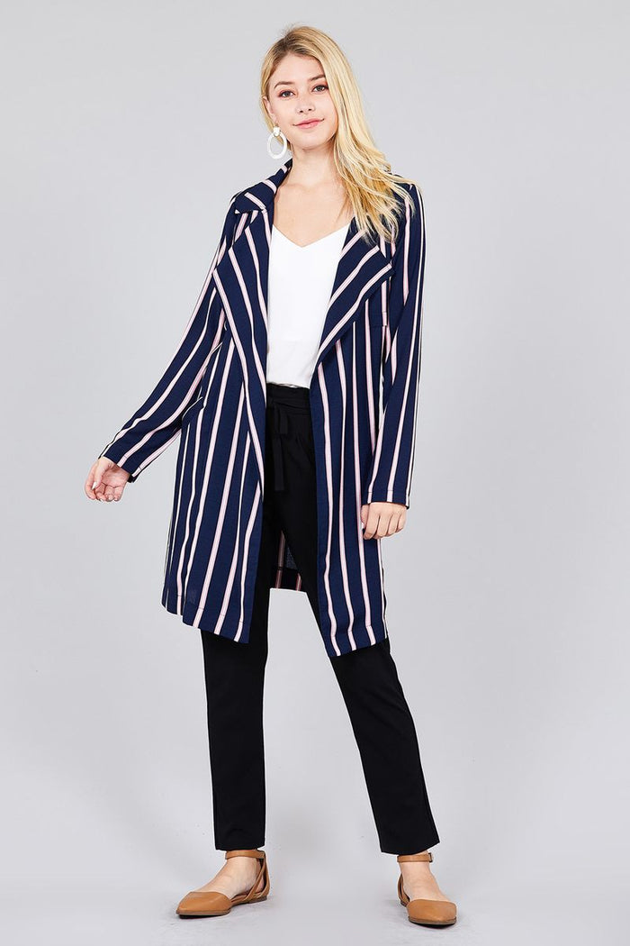 Ladies fashion long sleeve notched collar w/waist belt multi striped long woven jacket