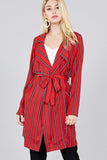 Ladies fashion long sleeve notched collar w/waist belt multi striped long woven jacket