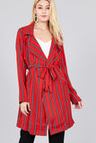 Ladies fashion long sleeve notched collar w/waist belt multi striped long woven jacket