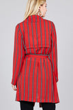 Ladies fashion long sleeve notched collar w/waist belt multi striped long woven jacket