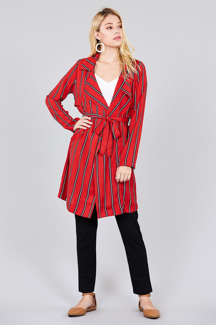 Ladies fashion long sleeve notched collar w/waist belt multi striped long woven jacket