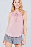 Sleeveless Ruffle Neck W/self Tie Smocked Yoke Detail Front Button Woven Top